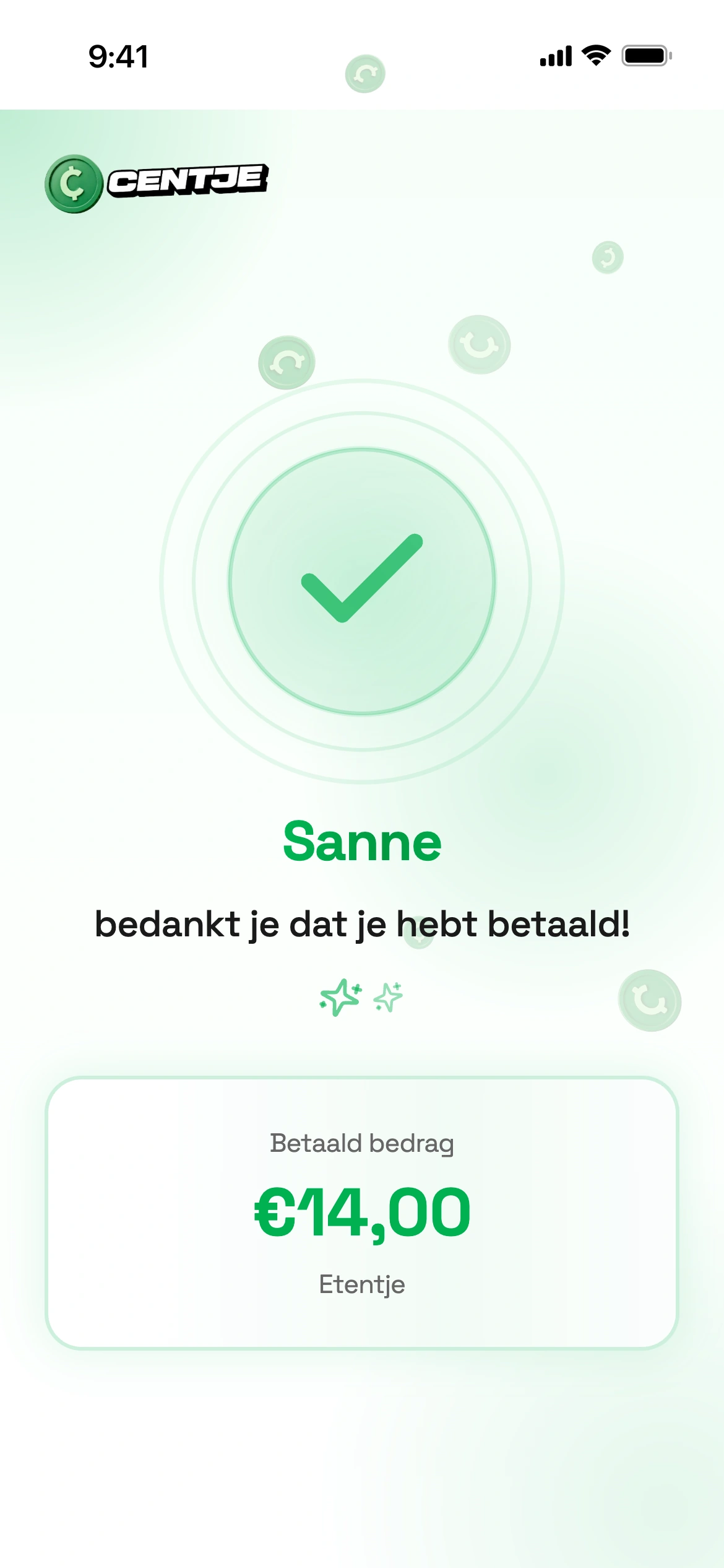 Bedankscherm na een betaling: Sanne bedankt je dat je hebt betaald, betaald bedrag 14 euro