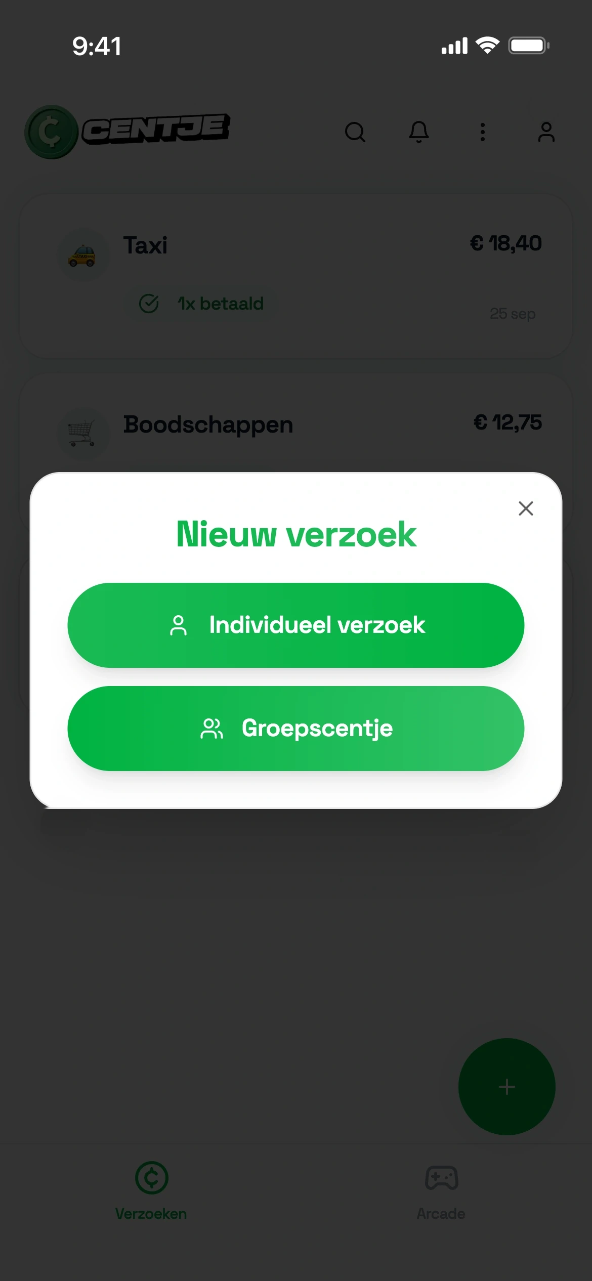 Centje-app met het menu Nieuw verzoek: Individueel verzoek of Groepscentje