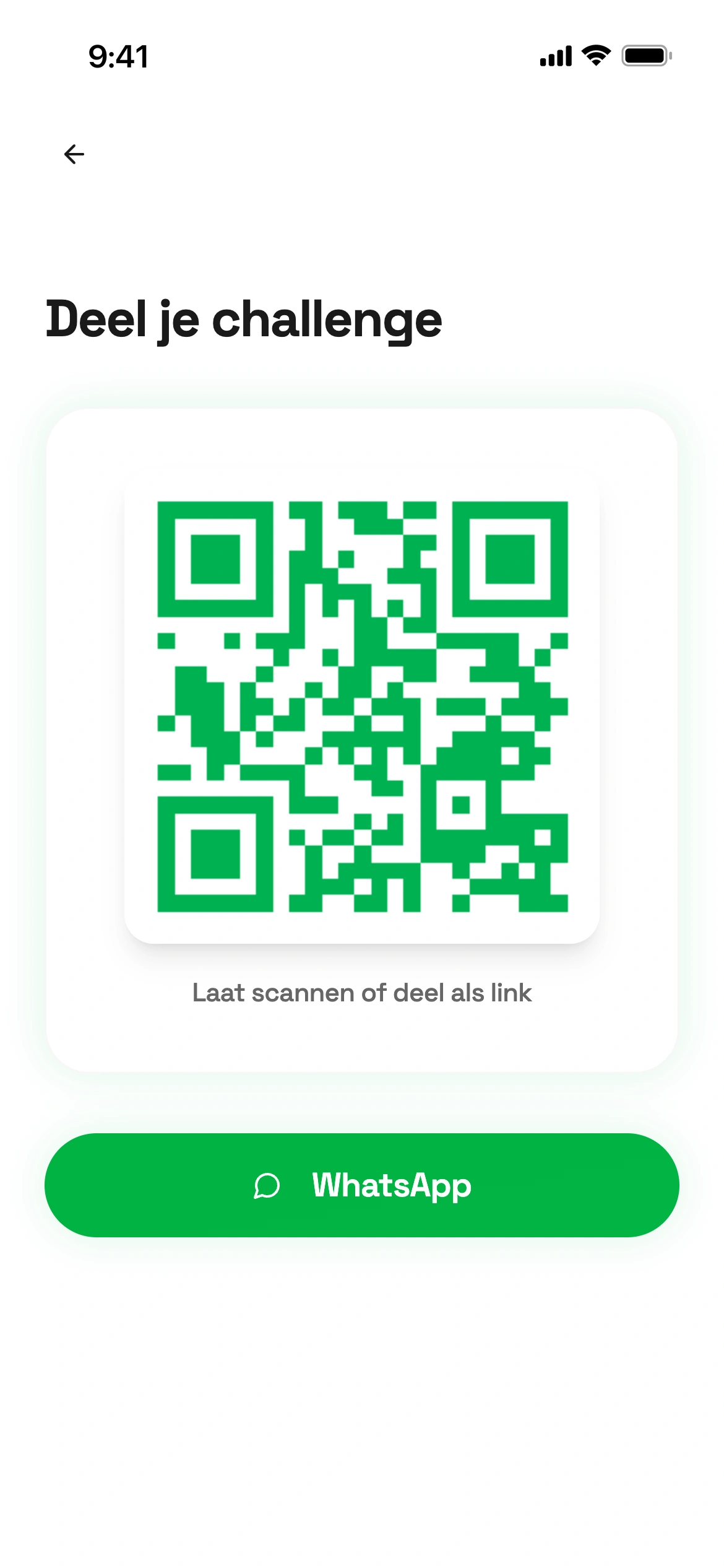 Een challenge delen in de Centje-app, via WhatsApp of met een QR-code