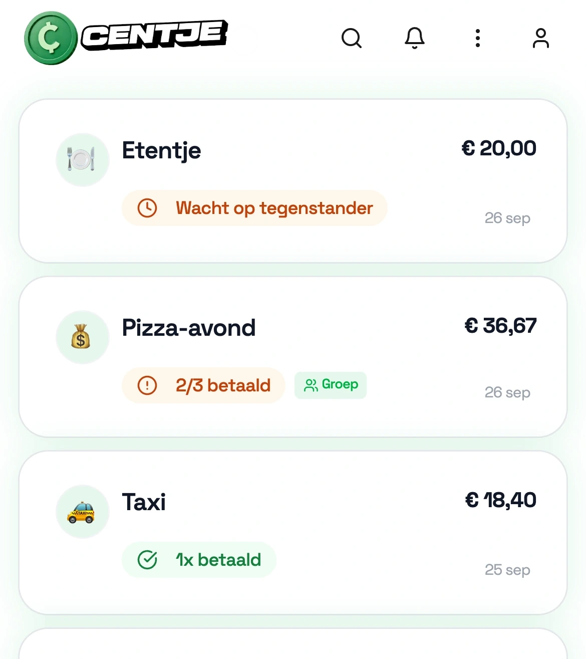 Overzicht in de Centje-app: Etentje wacht op de tegenstander, van Pizza-avond is 2 van de 3 betaald en Taxi is betaald