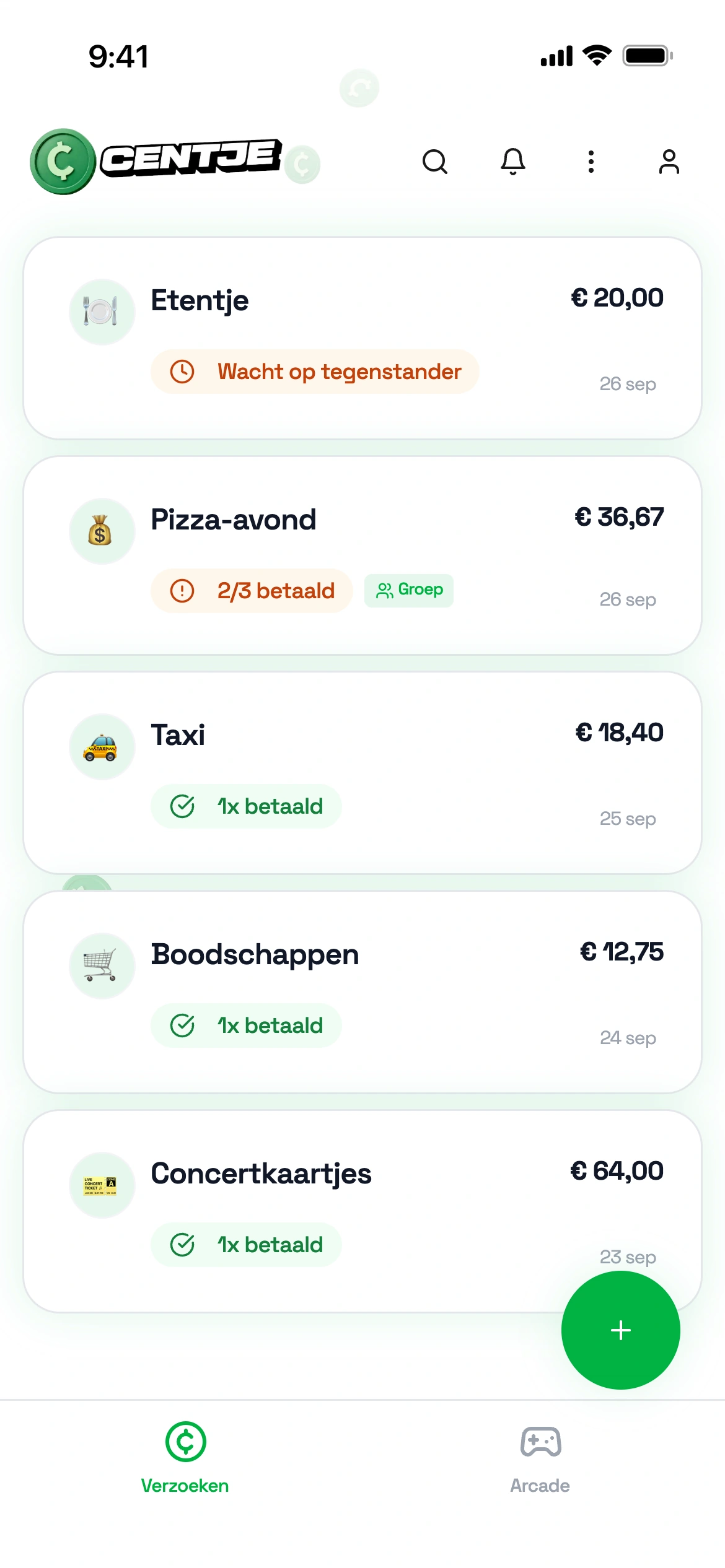 Overzicht in de Centje-app met verzoeken zoals Etentje, Pizza-avond en Taxi, en wie er al betaald heeft
