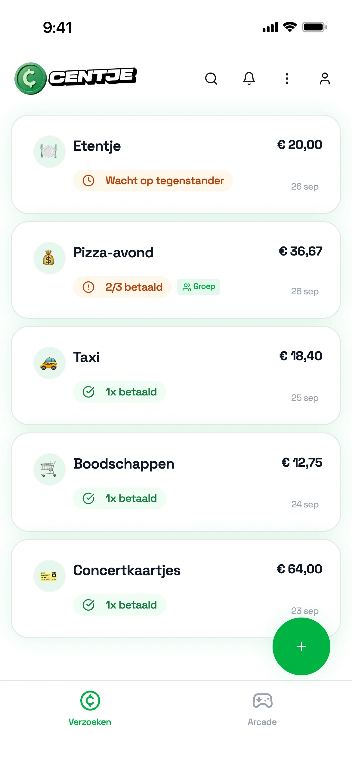 Overzicht in de Centje-app met verzoeken zoals Etentje, Pizza-avond en Taxi, en wie er al betaald heeft