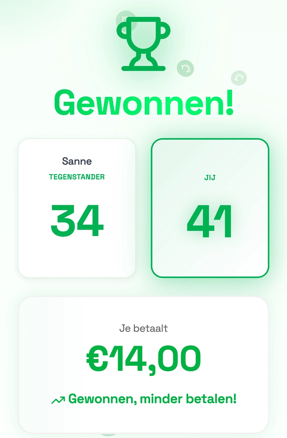 Uitslag in de app: Gewonnen, met de scores 34 voor Sanne en 41 voor jou, en daaronder: je betaalt 14 euro, gewonnen, minder betalen